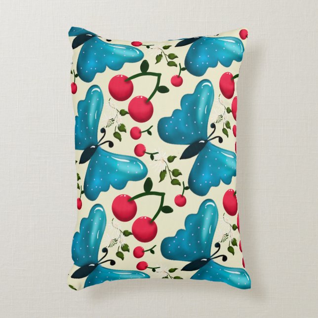 Cojín Decorativo Patrón de Mariposa Cereza Lindo, Fruta Kawaii Bril (Frente (Vertical))
