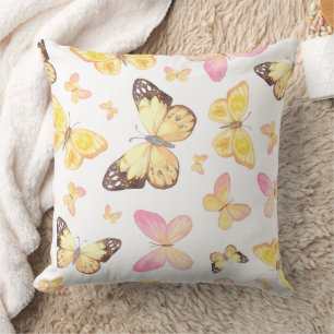 Cojín Decorativo Patrón de mariposas amarillas y rosadas en acuarel