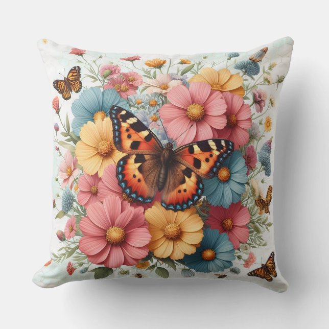 Cojín Decorativo Patrón de mariposas y flores (Anverso)