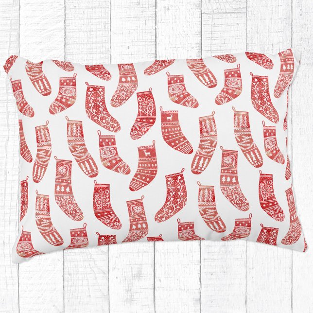 Cojín Decorativo Patrón de medias de Navidades noruegos (Norwegian red and white knitted stockings and socks pattern festive throw pillow)