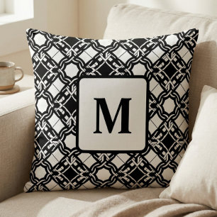 Cojín Decorativo Patrón de monograma Art Déco negro negro blanco