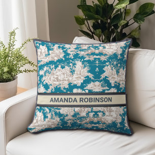 Cojín Decorativo Patrón de Monograma Vintage Blue Toile de Jouy