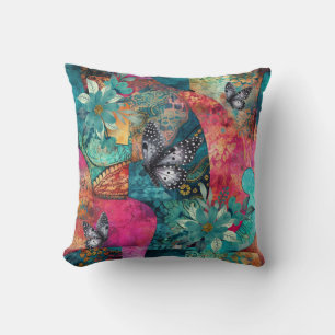 Cojín Decorativo Patrón de mosaico floral de Boho en negrita