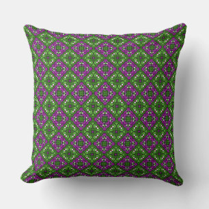 Cojín Decorativo Patrón de mosaico floral retro verde y púrpura