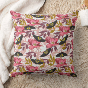 Cojín Decorativo Patrón de naturaleza de mariposa y adormidera de c