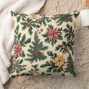Cojín Decorativo Patrón de Navidad de Acebo Poinsettia Rojo Crema