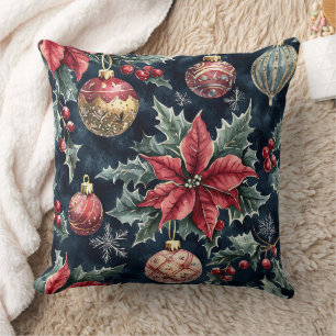 Cojín Decorativo Patrón de Navidad de poinsettia rojo dorado de la