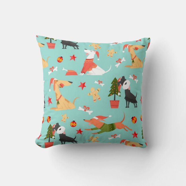 Cojín Decorativo Patrón de Navidades de perros felices (Anverso)