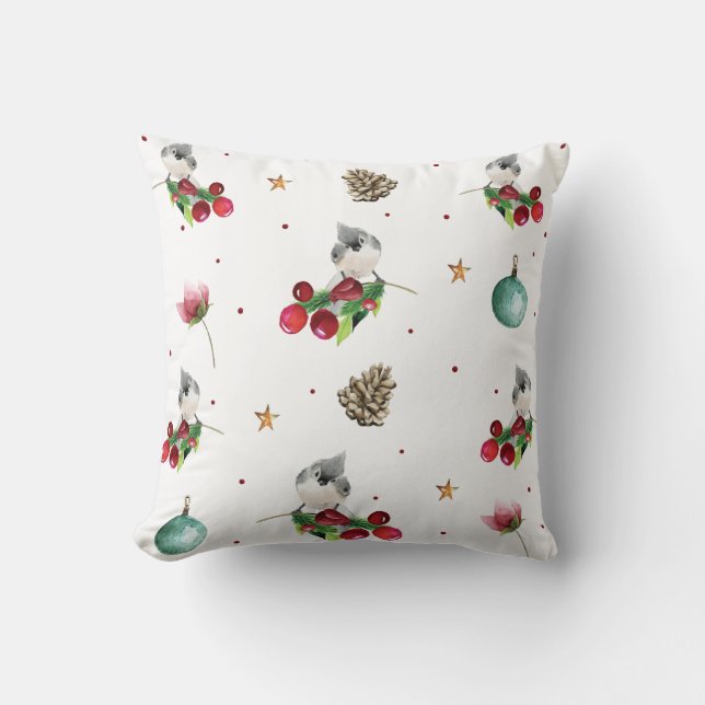 Cojín Decorativo Patrón de Navidades de Titmouse (ratón) de inviern (Anverso)