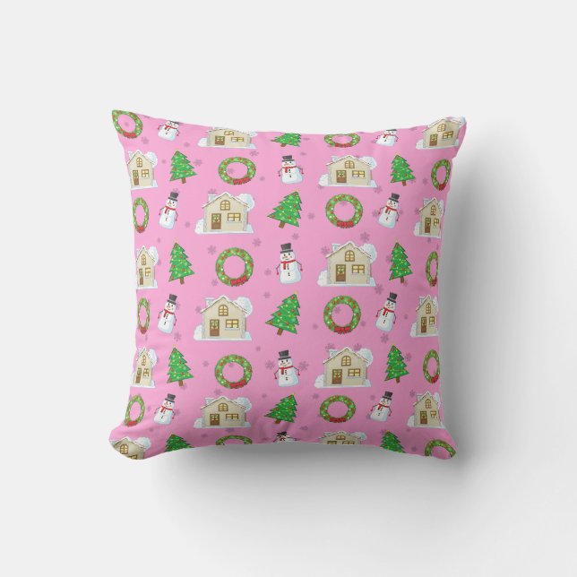 Cojín Decorativo Patrón de navidades - Fondo rosa (Anverso)