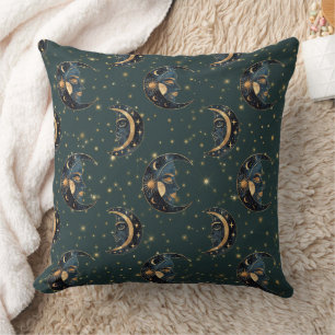 Cojín Decorativo Patrón de noche estrellada de luna dorada celestia