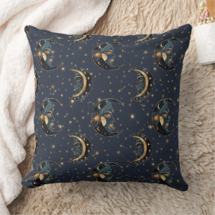 Cojín Decorativo Patrón de noche estrellada de luna dorada celestia