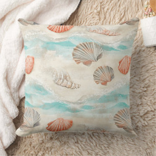 Cojín Decorativo Patrón de olas de aqua y conchas de arrecife de co