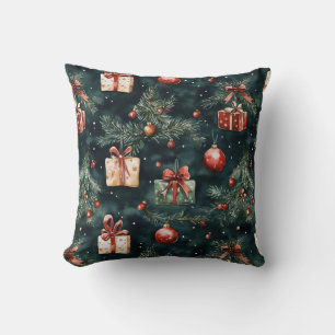 Cojín Decorativo Patrón de Ornamentos y Regalos de Árbol de Navidad