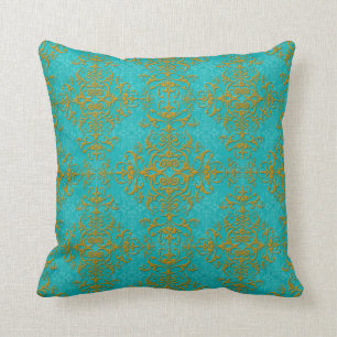 Cojín Decorativo Patrón de oro de Damask Turquoise Aqua de estilo v