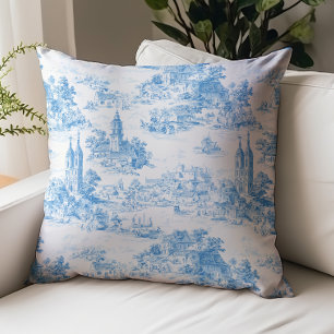 Cojín Decorativo Patrón de paisaje de pueblo Toile de Jouy azul