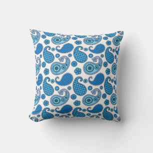 Cojín Decorativo Patrón de Paisley, tonos de azul sobre blanco