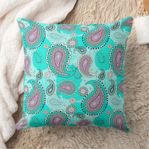 Cojín Decorativo patrón de paisley tribal brillante turquesa tradic