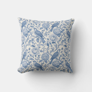 Cojín Decorativo Patrón de Pájaro Floral Azul Toile de Jouy Francés