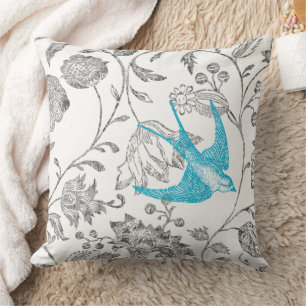 Cojín Decorativo Patrón de pájaro floral moderno vintage de aqua y