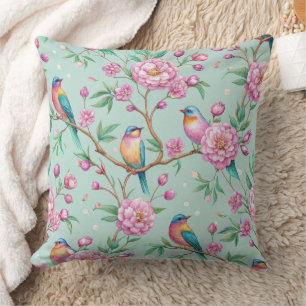 Cojín Decorativo Patrón de pájaros florales sobre fondo de menta