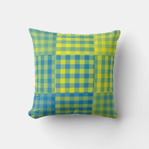 Cojín Decorativo Patrón de Parche Cuadros Amarillo Azul