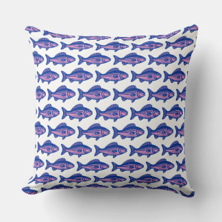 Cojín Decorativo Patrón de peces - Azul marino y rosa sobre blanco