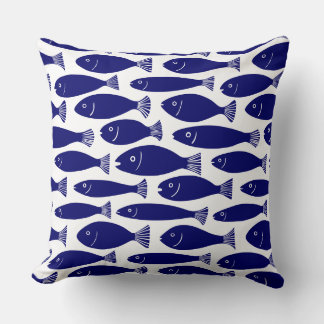 Cojín Decorativo Patrón de peces - Azul oscuro sobre blanco