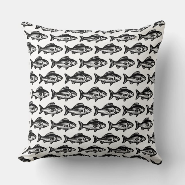Cojín Decorativo Patrón de peces - Negro sobre blanco (Anverso)