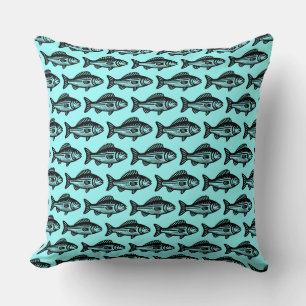 Cojín Decorativo Patrón de peces - Negro sobre el hielo azul