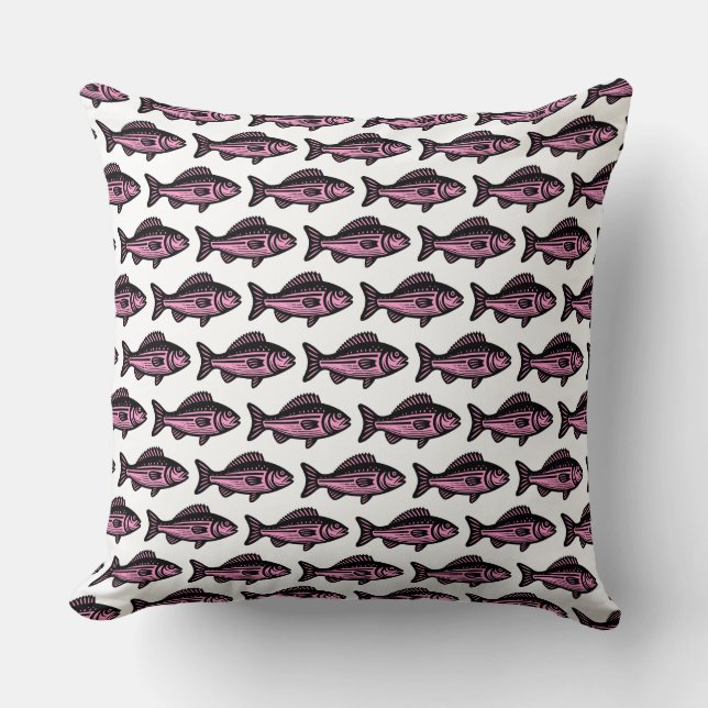 Cojín Decorativo Patrón de peces - Negro y rosa en blanco (Anverso)