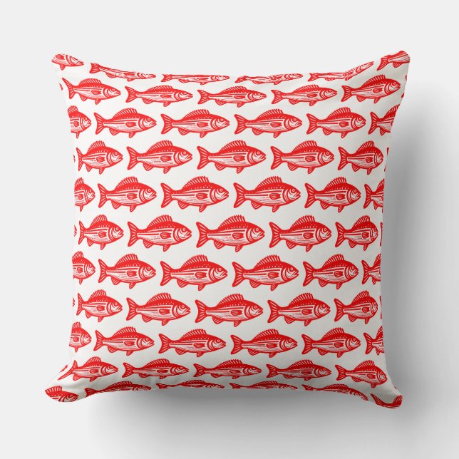 Cojín Decorativo Patrón de peces - Rojo sobre blanco (Anverso)