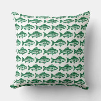 Cojín Decorativo Patrón de peces - Verde del bosque sobre blanco