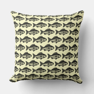 Cojín Decorativo Patrón de pescado - Negro sobre amarillo pálido