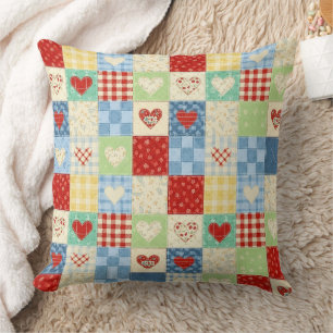 Cojín Decorativo Patrón de picnic de corazones de patchwork rústico