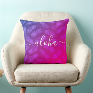 Cojín Decorativo Patrón de piña rosada Aloha Script Hot Pink Tropic