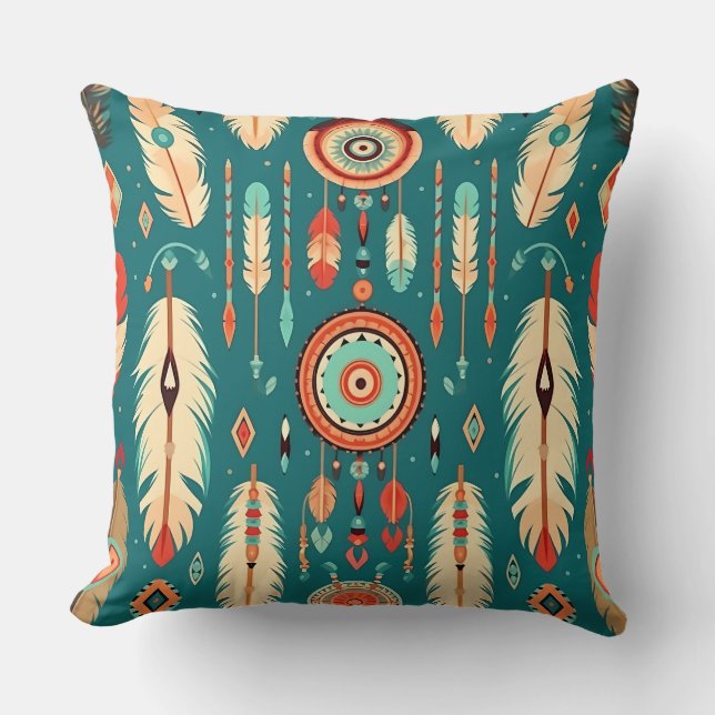 Cojín Decorativo Patrón de plumas de época y Dreamcatcher (Anverso)