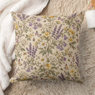 Cojín Decorativo Patrón de prado de lavanda y flores silvestres vin