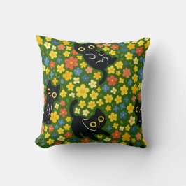 Cojín Decorativo Patrón de prado floral con gatos negros lindos