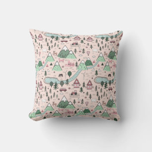 Cojín Decorativo Patrón de pueblo agrícola escandinavo rosa