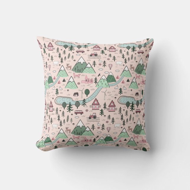 Cojín Decorativo Patrón de pueblo agrícola escandinavo rosa (Anverso)