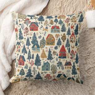 Cojín Decorativo Patrón de pueblo navideño de madera rojo marino