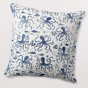 Cojín Decorativo Patrón de Pulpo Submarino Aquarela Azul Costero