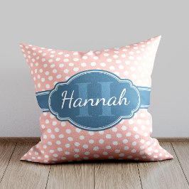 Cojín Decorativo Patrón de puntos blancos rosa monograma azul marin