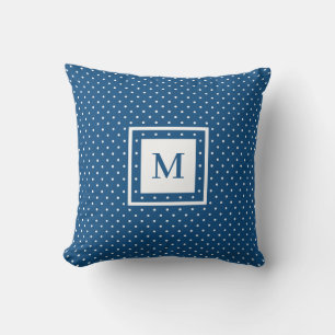 Cojín Decorativo Patrón de puntos de polka blanco azul con monogram