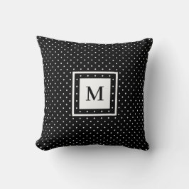Cojín Decorativo Patrón de puntos de polka blanco negro con monogra
