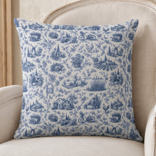 Cojín Decorativo Patrón de rama de rosa campestre Toile francesa az