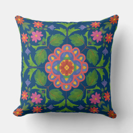 Cojín Decorativo Patrón de Rangoli Floral Pilar Azul Profundo o Coj
