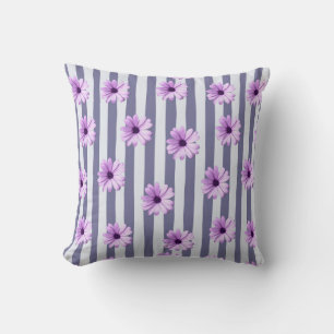 Cojín Decorativo patrón de rayas con margaritas moradas