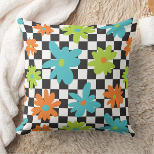 Cojín Decorativo Patrón de rejilla de cuadros florales retro